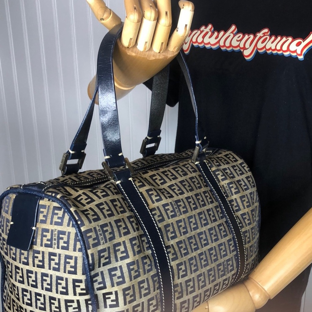 FENDI Zucca Navy Blue Leather Grey Canvas Boston Carry-On Bag Speedy 30 EUC